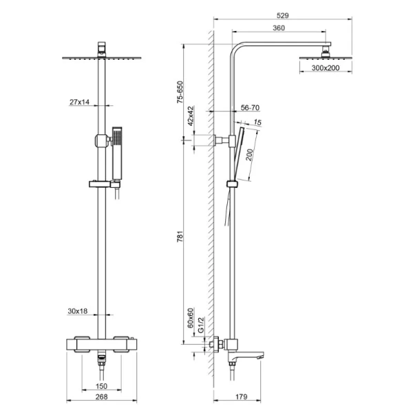 Душевая стойка Timo Tetra-Thermo черное золото SX-0169/18 (детальная фотография), современные, hi-tech