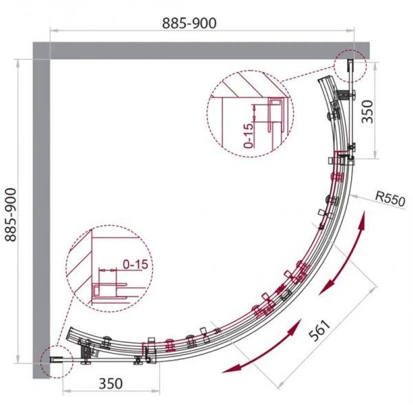 Душевой уголок BelBagno Acqua 90х90 см стекло прозрачное ACQUA-R-2-90-C-Cr (детальная фотография), полукруглые, четверть круга