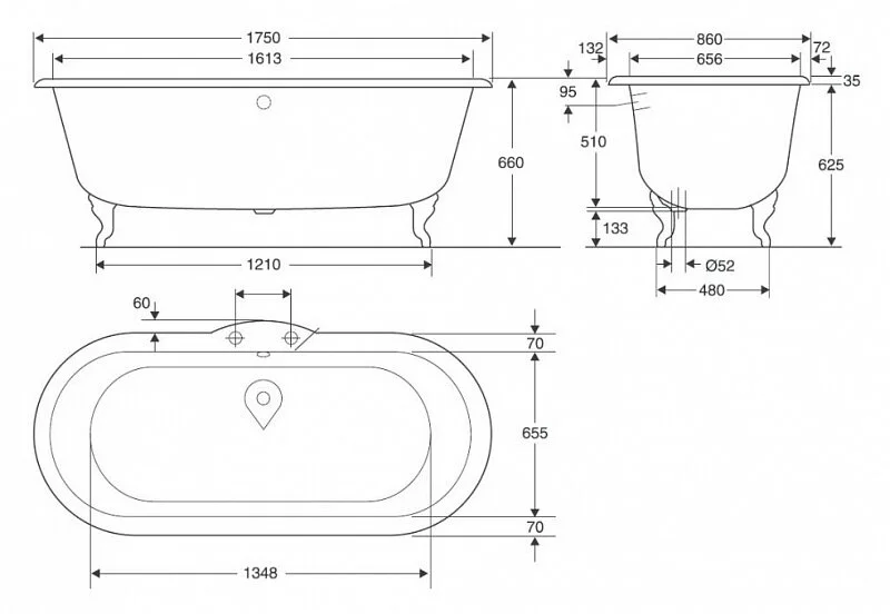 Ванна чугунная Jacob Delafon Cleo 175х80 см белая E2901-00 (детальная фотография), ретро