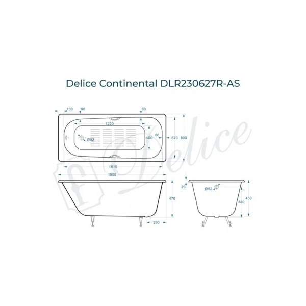 Ванна чугунная Delice Continental DLR230627R-AS 180х80 см с ручками и антискользящим покрытием (детальная фотография), чугунные