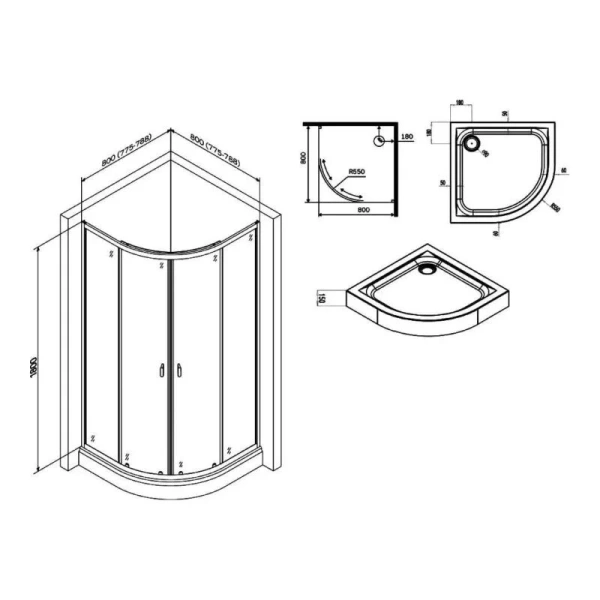 Душевой уголок Am.Pm X-Joy 80x80 см профиль хром W88E-205-080MT64 (детальная фотография), полукруглые, четверть круга