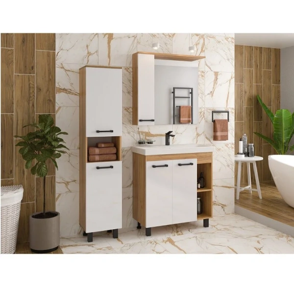 Зеркальный шкаф Misty Крафт П-Кра-02080-011 80 см ЛДСП (детальная фотография), белые, светло-коричневые, комбинированные