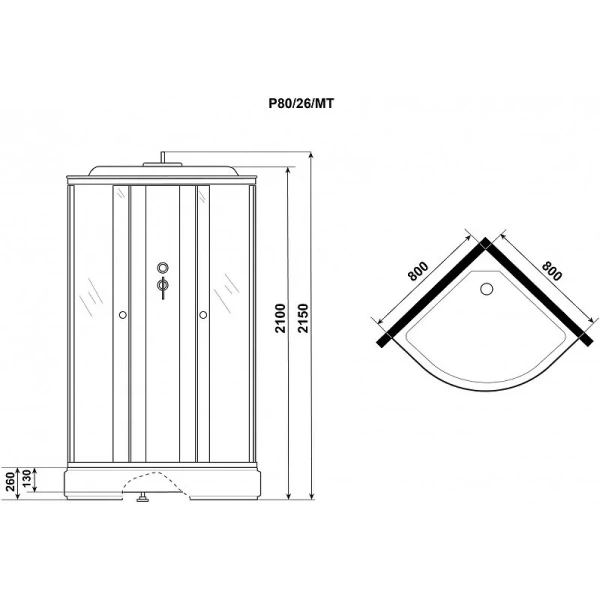 Душевая кабина Niagara Promo 80х80 см стекло матовое P80/26/MT (детальная фотография), полукруглые, четверть круга