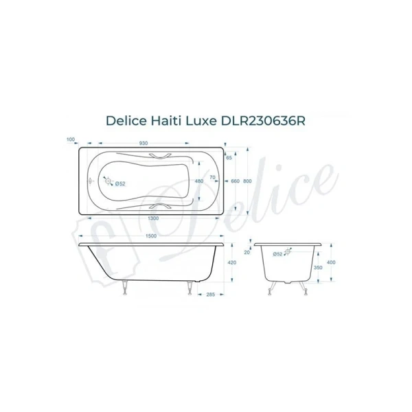 Ванна чугунная Delice Haiti Luxe 150х80 см с отверстиями под ручки DLR230636R (детальная фотография), чугунные