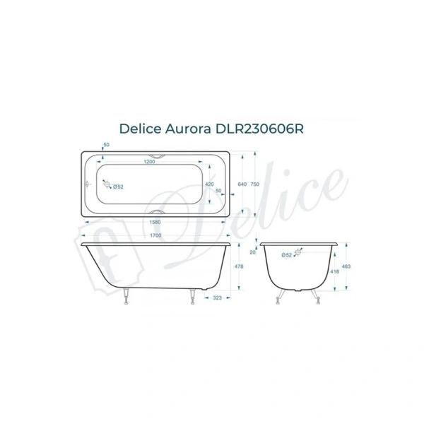 Ванна чугунная Delice Aurora 170x75 с отверстиями под ручки DLR230606R (детальная фотография), чугунные