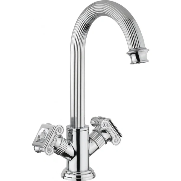 Смеситель для раковины золото 24 карат, ручка Swarovski Cezares Olimp OLIMP-LS2-03/24-Sw (детальная фотография), округлая форма, с донным клапаном