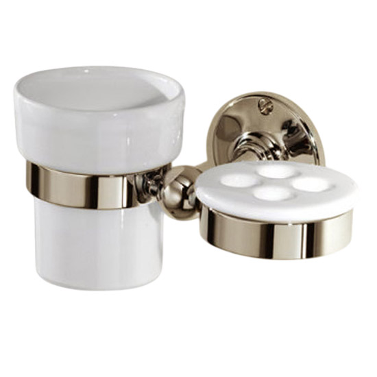 Держатель для зубных щёток и керамический стакан для ванной Devon&Devon Cavendish WM06 (детальная фотография), хром, золото, белые