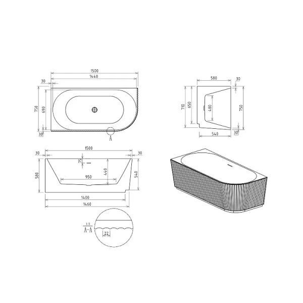 Ванна акриловая Royal Bath Nero RB710300L-GR/RB710300R-GR, 150 x 75 см, левая/правая, цвет белый (детальная фотография), акриловые