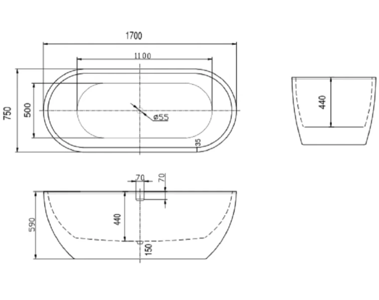 Ванна акриловая Art&Max 170 x 75 см, слив-перелив, донный клапан и сифон в комплекте, белый, AM-218-1700-750 (детальная фотография), акриловые