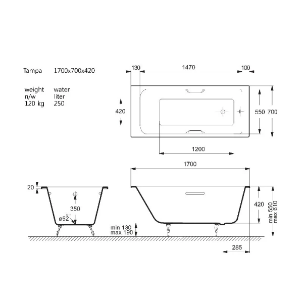 Чугунная ванна Vinsent Veron Tampa VTP1707042H, 170 x 70 см, с отверстиями под ручки, цвет белый (детальная фотография), чугунные