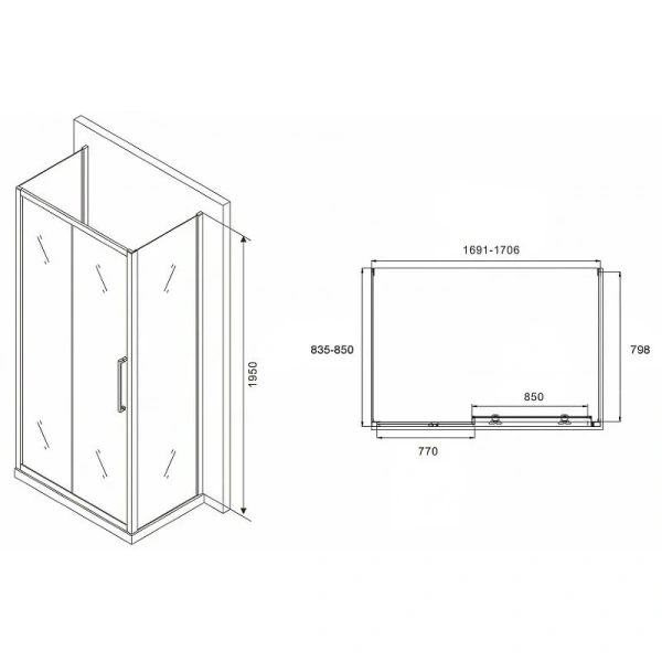 Душевой уголок Abber Schwarzer Diamant 170x85 см профиль хром стекло матовое AG30170MH-S85M-S85M (детальная фотография), прямоугольные