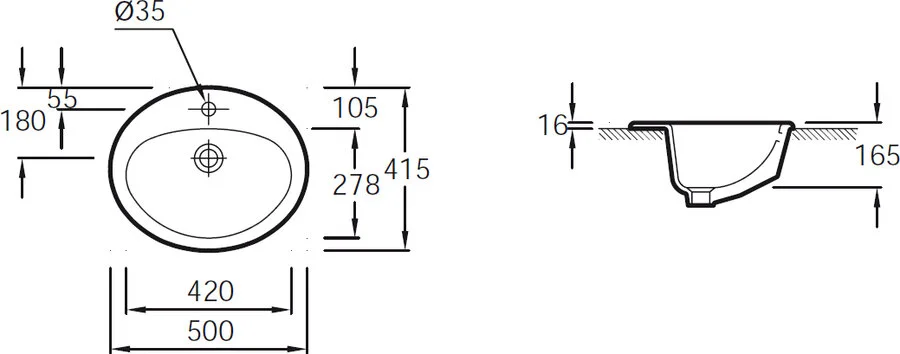 Раковина Jacob Delafon Ovale Dessus 50 см встраиваемая E1358-00 (детальная фотография), современные, hi-tech