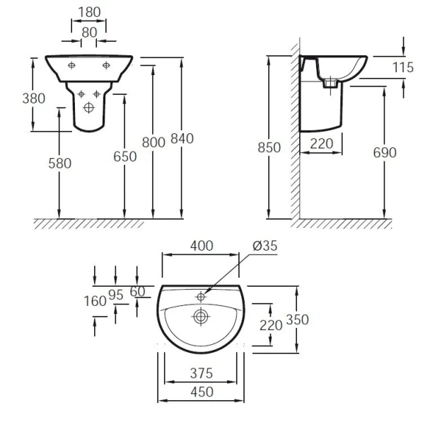 Раковина Jacob Delafon Patio 45 см подвесная E4144-00 (детальная фотография), современные, hi-tech