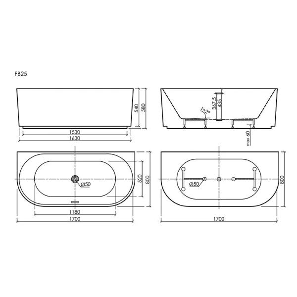Aкриловая ванна Sancos Vivia FB25 пристенная, 170 х 80 см, белый (детальная фотография), современныe, hi-tech