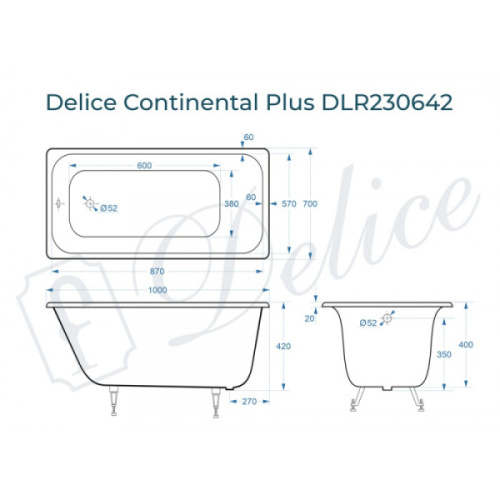 Ванна чугунная Delice Continental Plus 100х70 см белая DLR230642 (детальная фотография), без гидромассажа, маленькие