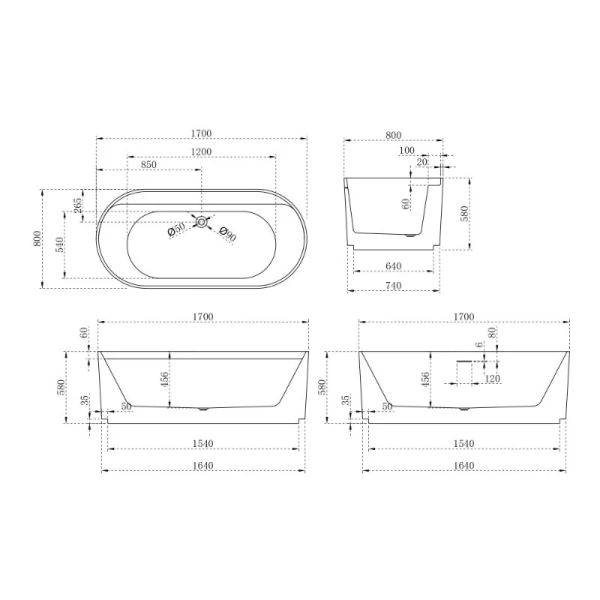 Ванна акриловая Abber 170x80 см овальная AB9444MW (детальная фотография), акриловые