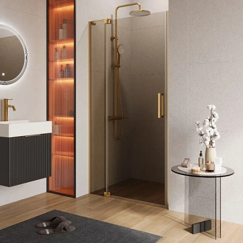 Душевая дверь в нишу Slider 110 см стекло бронзовое профиль брашированное золото - фото 7