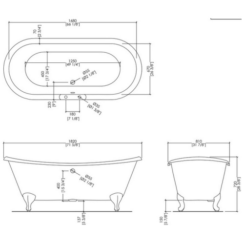 Ванна чугунная Devon & Devon Admiral 182х81 см два отверстия под смеситель, ножки алюминий полированный 2MRADMIRALFPSCRDD (детальная фотография), овальные