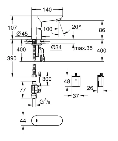 Смеситель для раковины Grohe Euroeco Cosmopolitan E с инфракрасной электроникой 36271000 (детальная фотография), для раковины