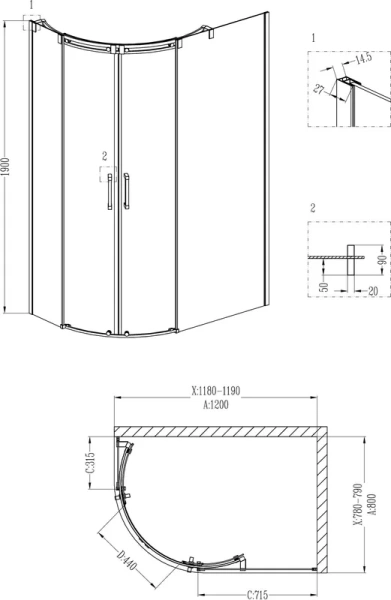 Душевой уголок Grossman Galaxy 120x80 см правый GR-4120R (детальная фотография), 120х80