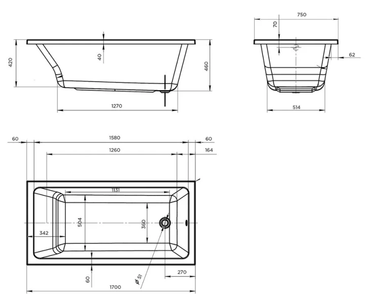 Ванна акриловая Marka One Bianca 01бья1775 170 x 75 см, белый (детальная фотография), акриловые