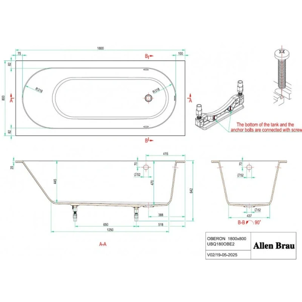 Ванна из искусственного камня Allen Brau Evo Oberon 2.3EV03.20, 180 х 80 см, белая (детальная фотография), искусственный камень
