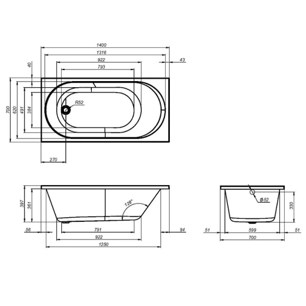 Ванна акриловая Am.Pm X-Joy 140х70 см прямоугольная W94A-140-070W-A (детальная фотография), акриловые