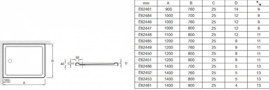 Душевой поддон Jacob Delafon Flight 140х90 см с антискользящим покрытием E62481-F-00 (детальная фотография), низкие до 15 см