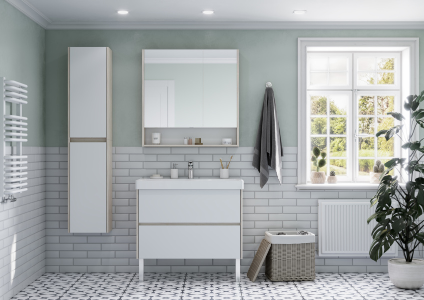 Зеркальный шкаф Акватон Сканди 90 см белый глянцевый/дуб верона 1A252302SDB20 (детальная фотография), навесные