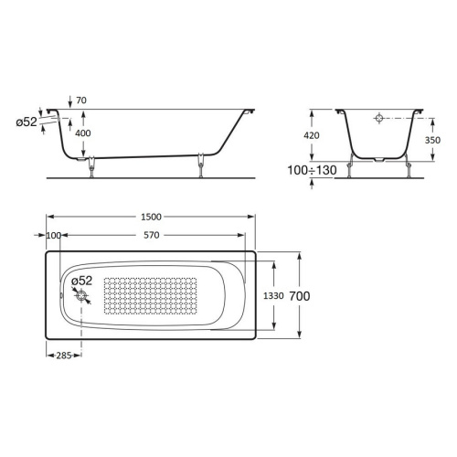 Ванна чугунная Roca Continental 150х70 см противоскользящее покрытие 21291300R (детальная фотография), без гидромассажа, недорогие, маленькие