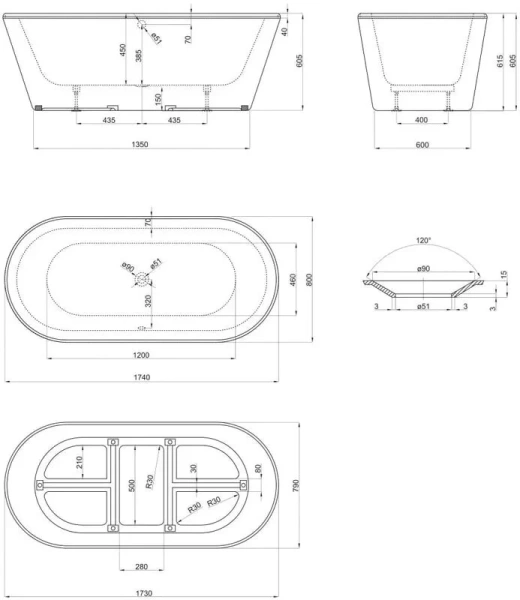 Ванна акриловая Art&Max Forli 175 x 80 см, с каркасом, белый, AM-FORLI-1700-800 (детальная фотография), акриловые