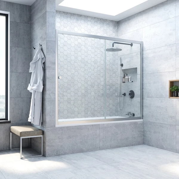 Душевая шторка на ванную профиль матовый хром стекло прозрачное Vegas-glass ZV NOVO 170 07 01 (детальная фотография), 170 см