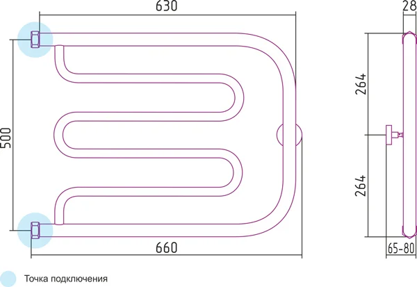 Полотенцесушитель водяной Сунержа Лира 65х50 см без покрытия 00-0011-5065 (детальная фотография), хром