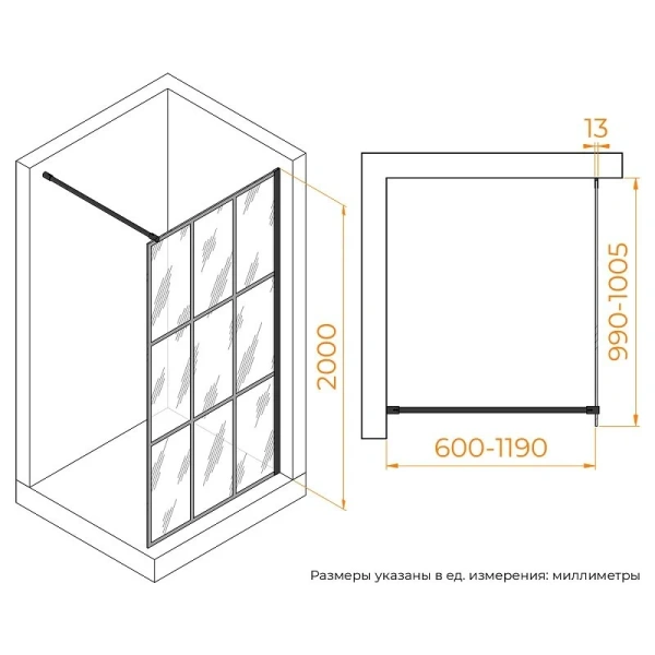 Душевая перегородка RGW Walk In WA-011B 100 см профиль черный 35101100-84 (детальная фотография), современные, hi-tech