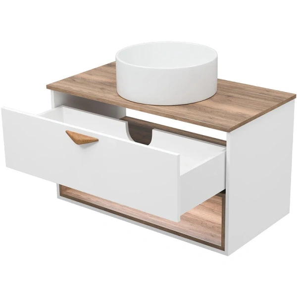 Тумба под раковину подвесная Brevita Bergen 90 см белая BER-07090-19-01-1Я (детальная фотография), белая, светло-коричневая, комбинированная