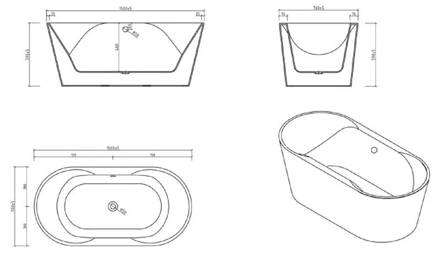 Ванна акриловая BelBagno 150х75 см отдельностоящая BB200-1500-750 (детальная фотография), овальные