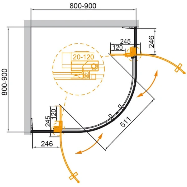 Душевой уголок Cezares Slider 90х90 см прозрачное стекло профиль хром SLIDER-R-2-80/90-C-Cr (детальная фотография), полукруглые, четверть круга