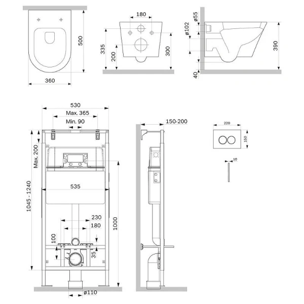 Унитаз с инсталляцией Am.Pm Sense клавиша черная матовая IS110138.741701 (детальная фотография), с инсталляцией