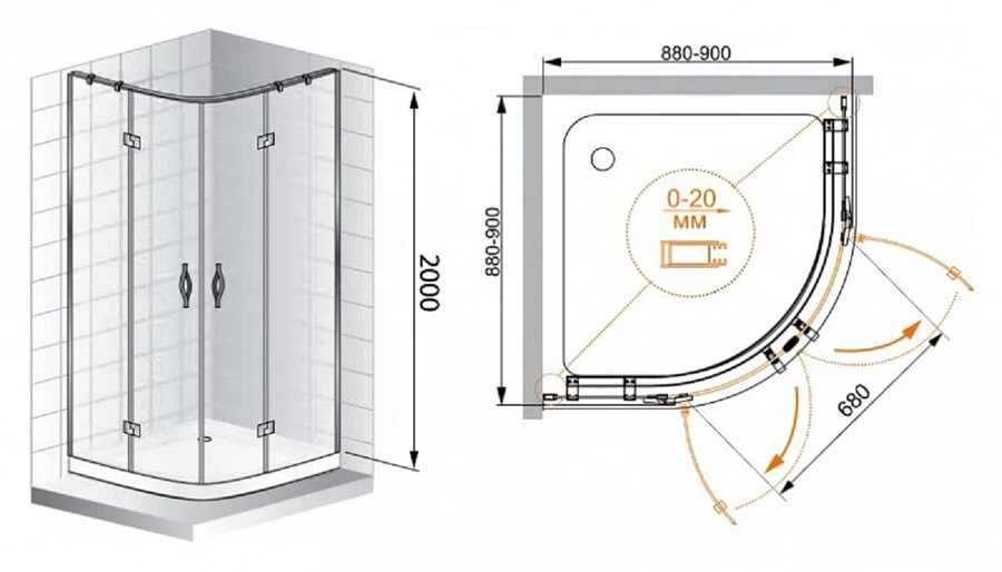 Душевой уголок Cezares Bergamo 90х90 см стекло прозрачное, профиль хром BERGAMO-W-R-2-90-ARCO-C-Cr-IV (детальная фотография), полукруглые, четверть круга
