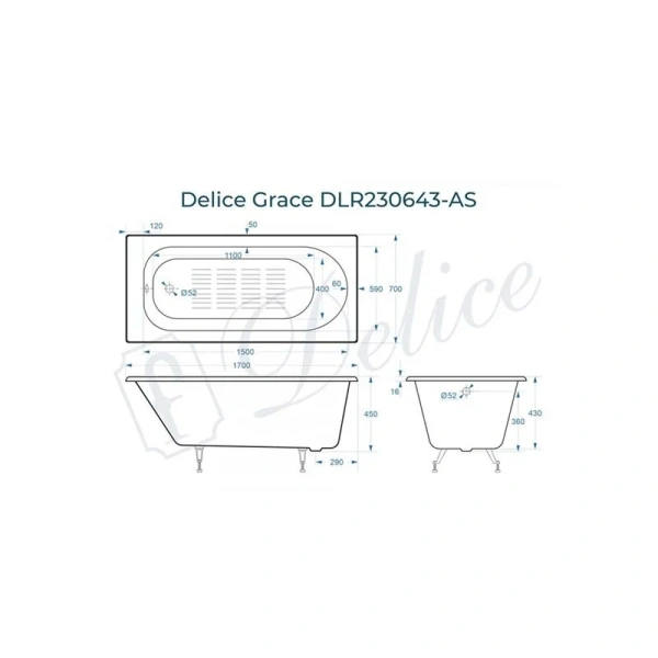Ванна чугунная Delice Grace 170х70 см с антискользящим покрытием DLR230643-AS (детальная фотография), чугунные