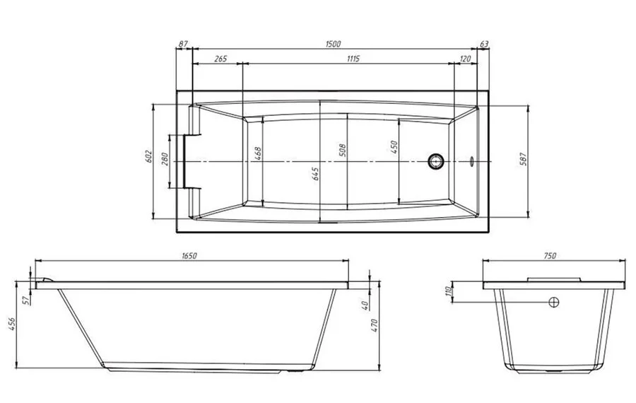 Ванна акриловая Marka One Aelita 01ае1675 MG 165 x 75 см, белый (детальная фотография), без гидромассажа
