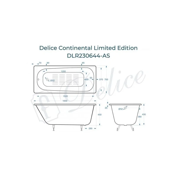 Ванна чугунная Delice Continental Limited Edition 165х70 см с антискользящим покрытием DLR230644-AS (детальная фотография), чугунные