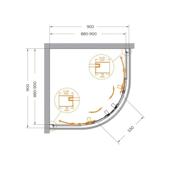 Душевой уголок Cezares Relax 90x90 см профиль брашированное золото стекло прозрачное RELAX-304-R-2-90-C-BORO (детальная фотография), полукруглые, четверть круга