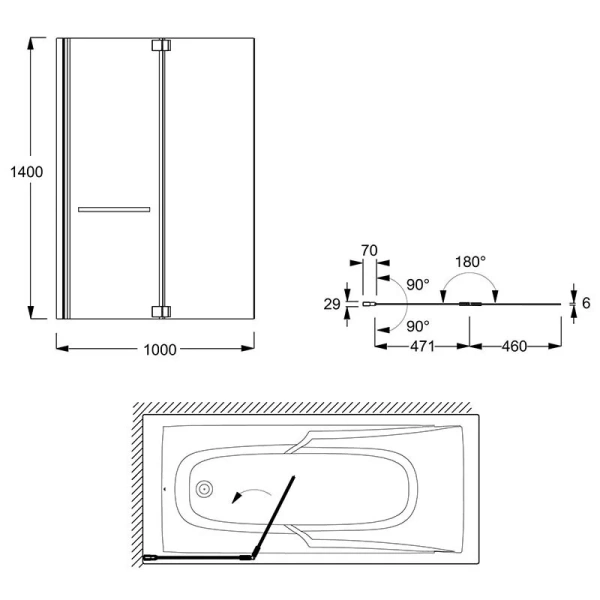 Шторка для ванны Jacob Delafon Adequation E4931 100x140 см распашная (детальная фотография), 100 см