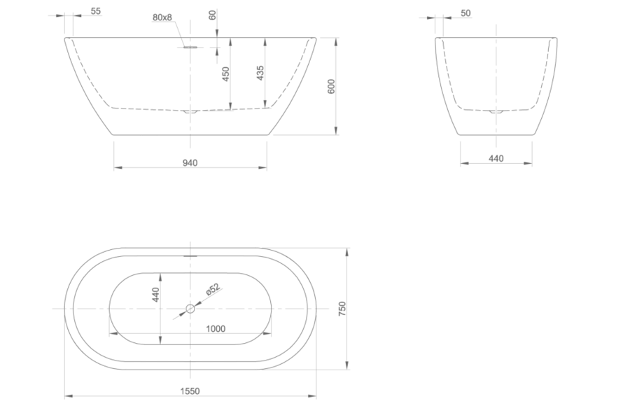 Ванна акриловая Knief Form XS 0100-257-06 155 х 75 см (детальная фотография), современныe, hi-tech