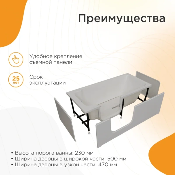 Акриловая ванна Радомир Грасс 2 1-01-0-1-1-335/1-01-0-2-1-335, 168 х 80 см, L/R, каркас, слив-перелив в комплекте, белая (детальная фотография), прямоугольные