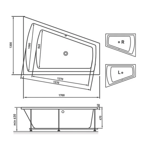 Ванна акриловая Vayer Trinity L/R 170 x 130 см (Гл000006819/Гл000006818) (детальная фотография), акриловые