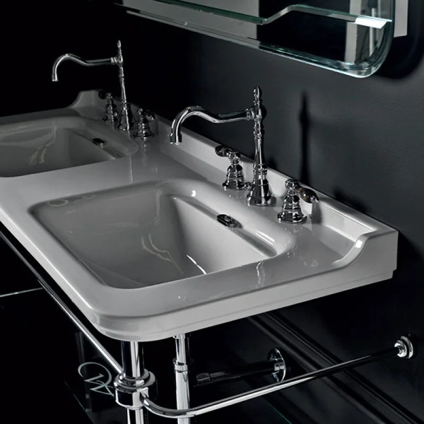 Раковина Kerasan Waldorf 150 см c 3 отверстиями под смеситель 4143K1bi/cr*3 (детальная фотография), подвесные, пристенные