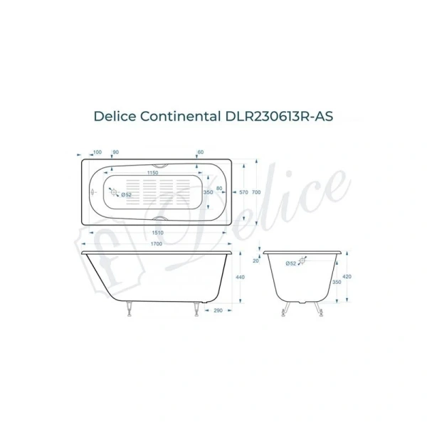 Ванна чугунная Delice Continental DLR230613R-AS 170x70 прямоугольная (детальная фотография), чугунные