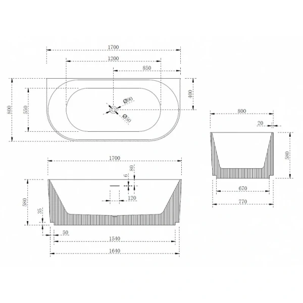 Акриловая ванна Abber 170х80 см приставная AB9330-1.7 (детальная фотография), акриловые